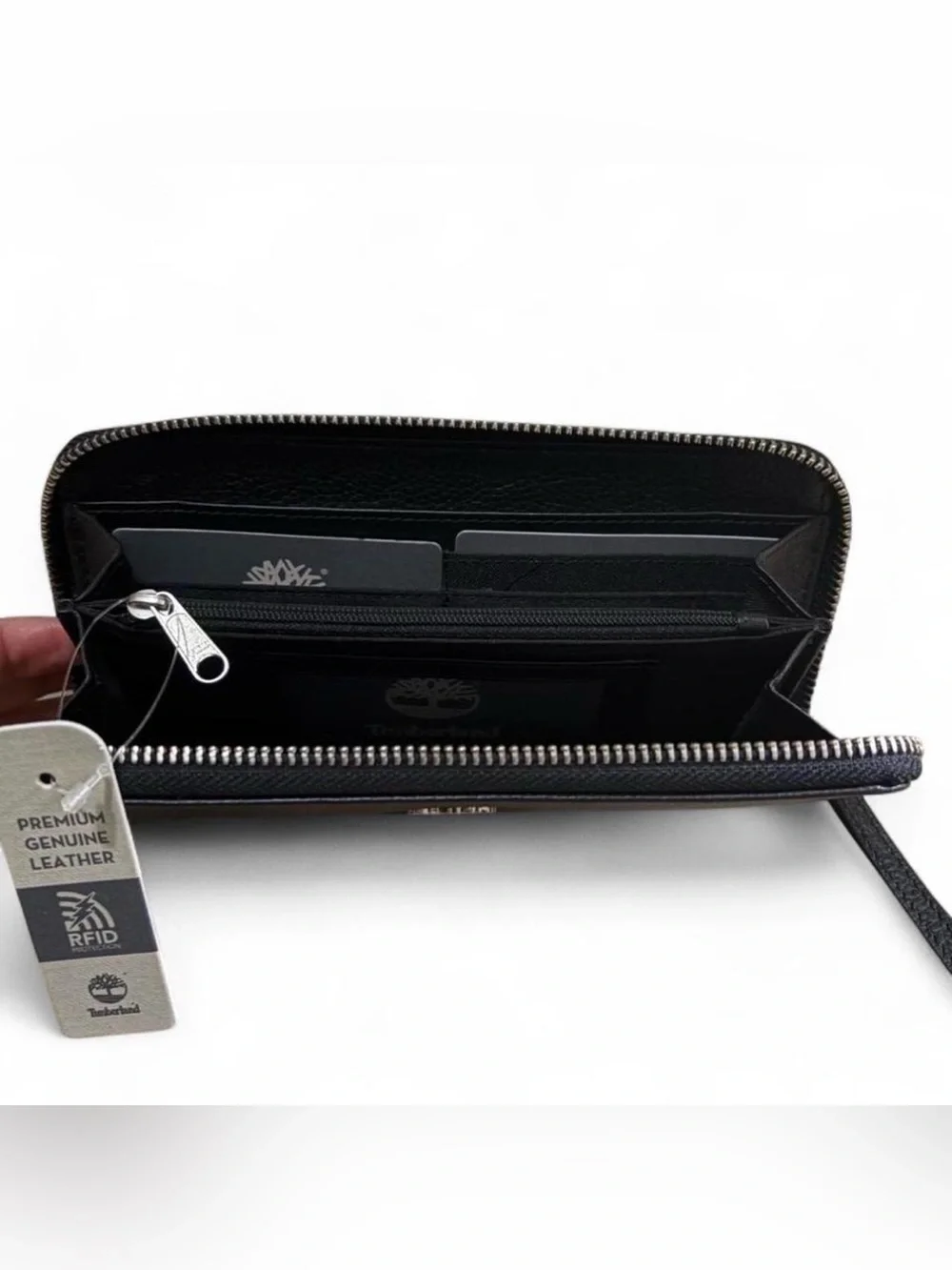 Timberland Black Leather Zip Wallet with Wrist Strap
